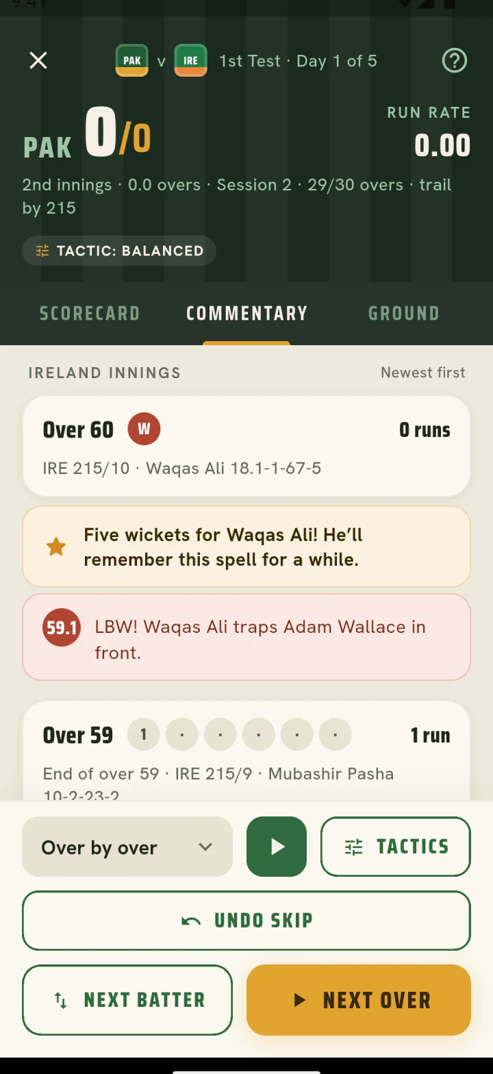 Commentary tab: an LBW wicket and a five-wicket milestone for Waqas Ali